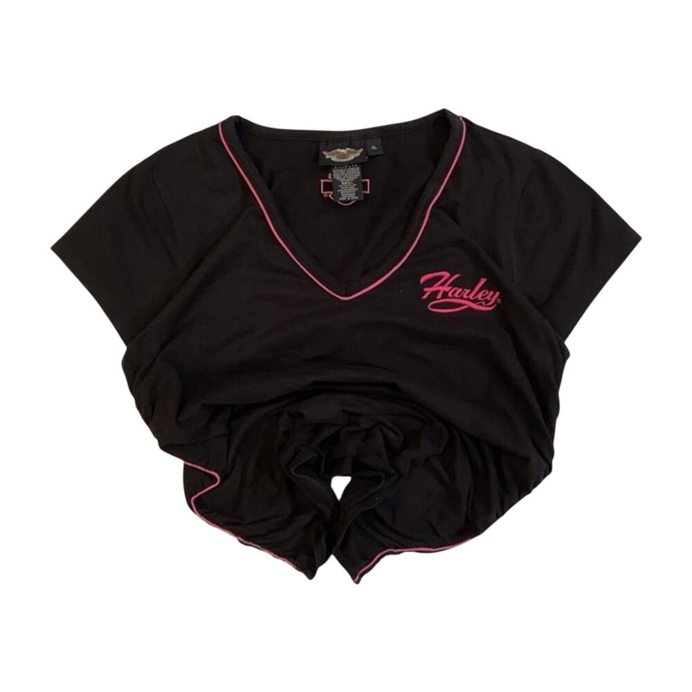 Harley Davidson Women's Pink Contrast Threading Short Sleeve T Shirt Black XL